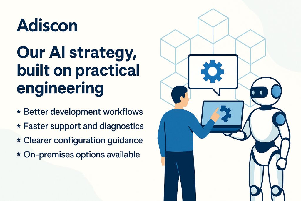 Illustration of a person and a robot standing together, looking at a laptop showing a gear icon, with geometric cube outlines in the background.