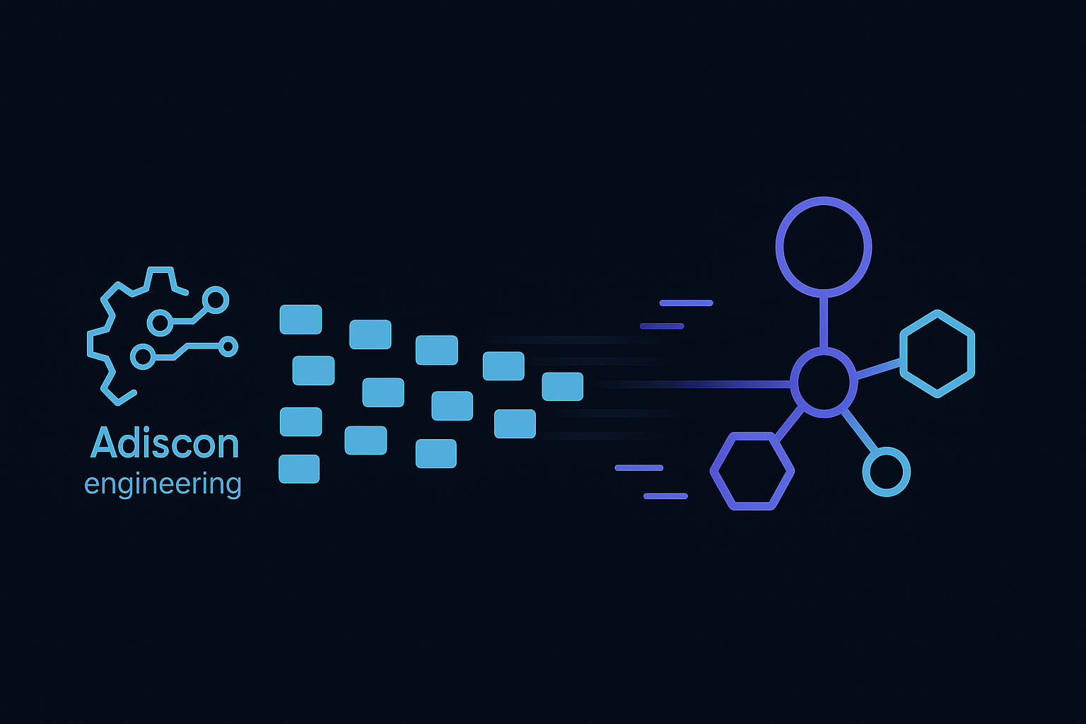 Minimalist diagram: an rsyslog server sends a stream of blue log packets to abstract purple OTLP collector nodes on a dark background.