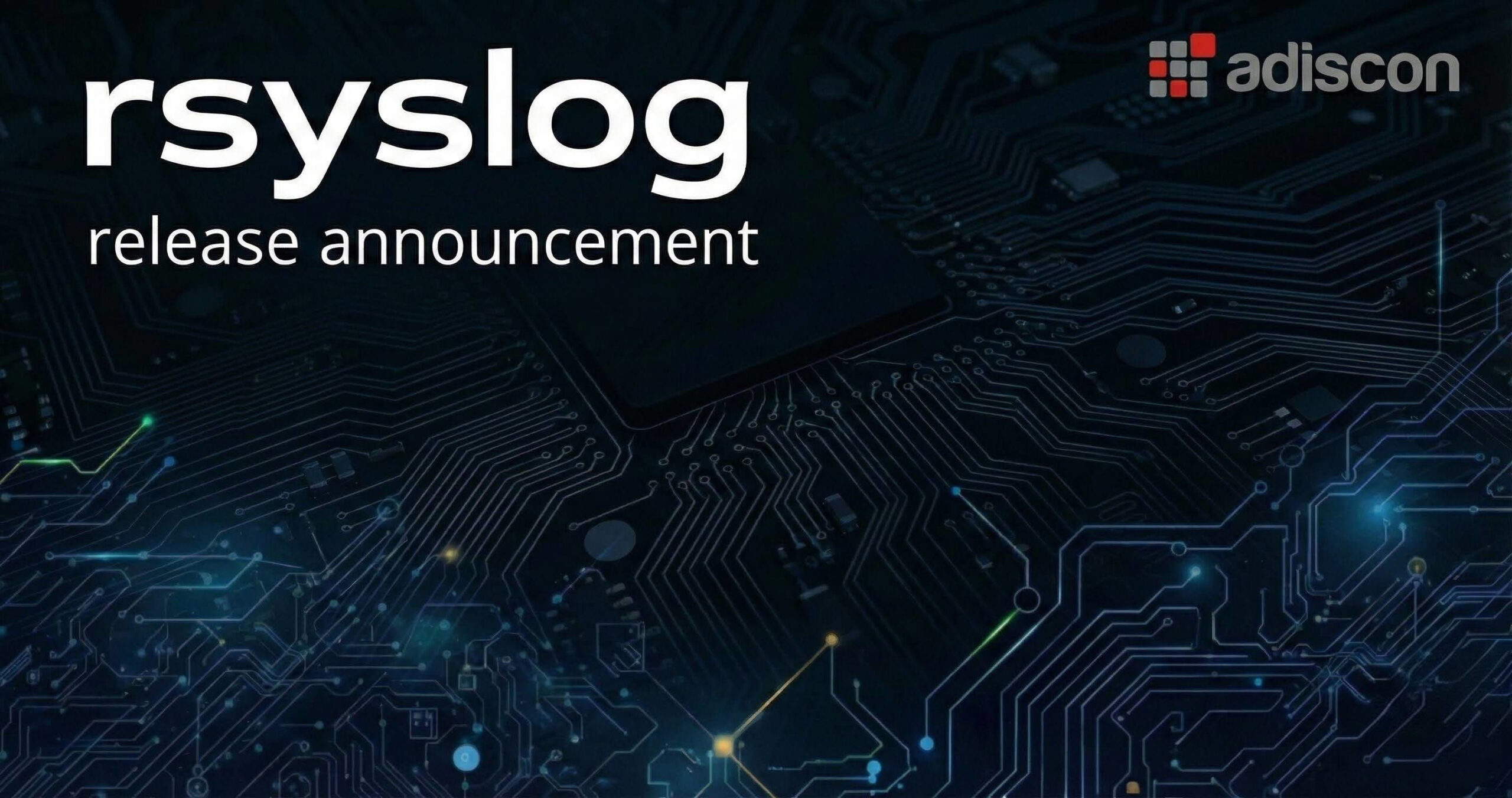 Rsyslog release announcement text on a dark blue digital circuit board background with the Adiscon logo.